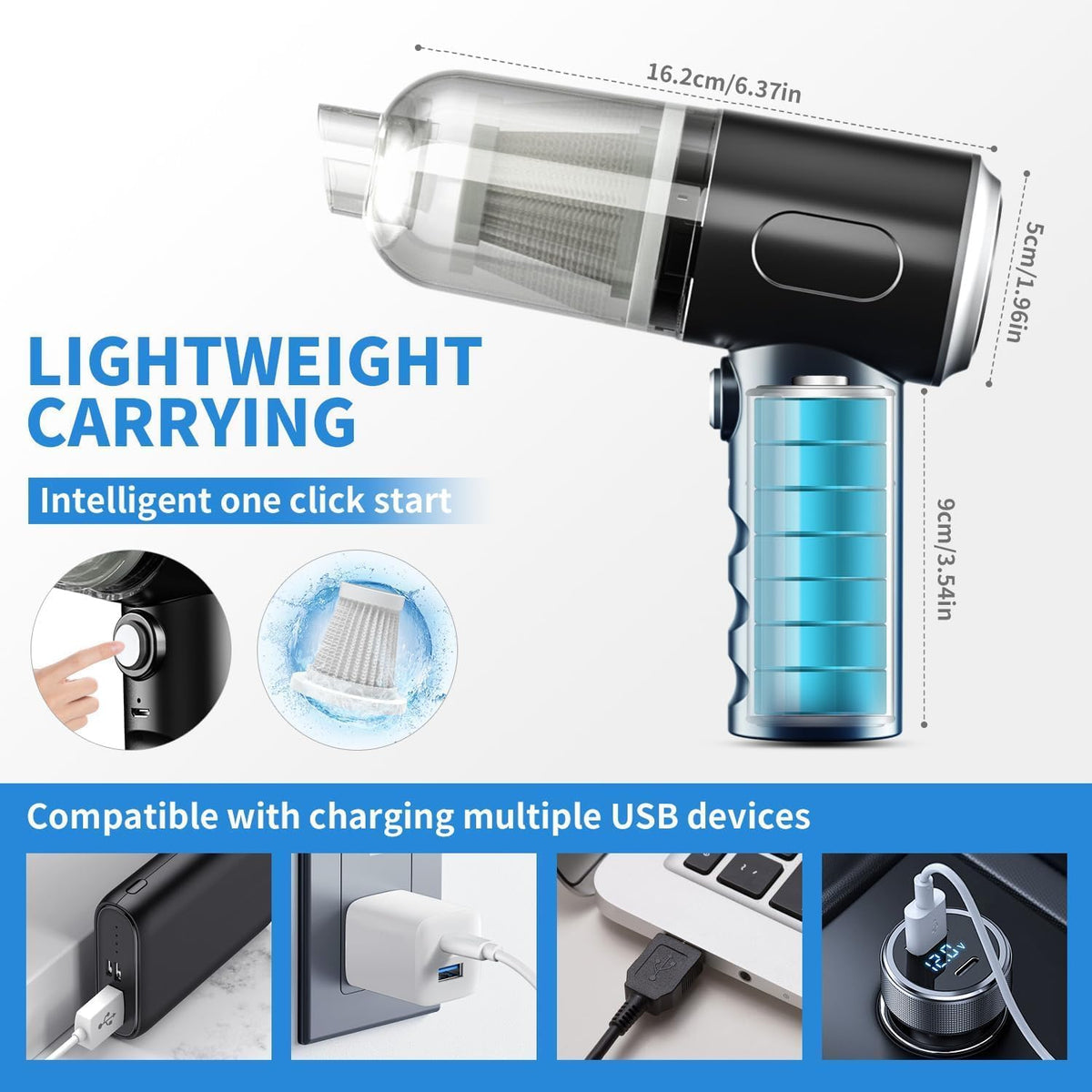 DDN_R_ Car Vacuum Cleaner 3 in 1 with 3 Attachments & Blower | Cordless Handheld Vacuum Cleaner for Wet & Dry Cleaning for Home/Office/Car/Keyboard/Travel/Sofa/Office