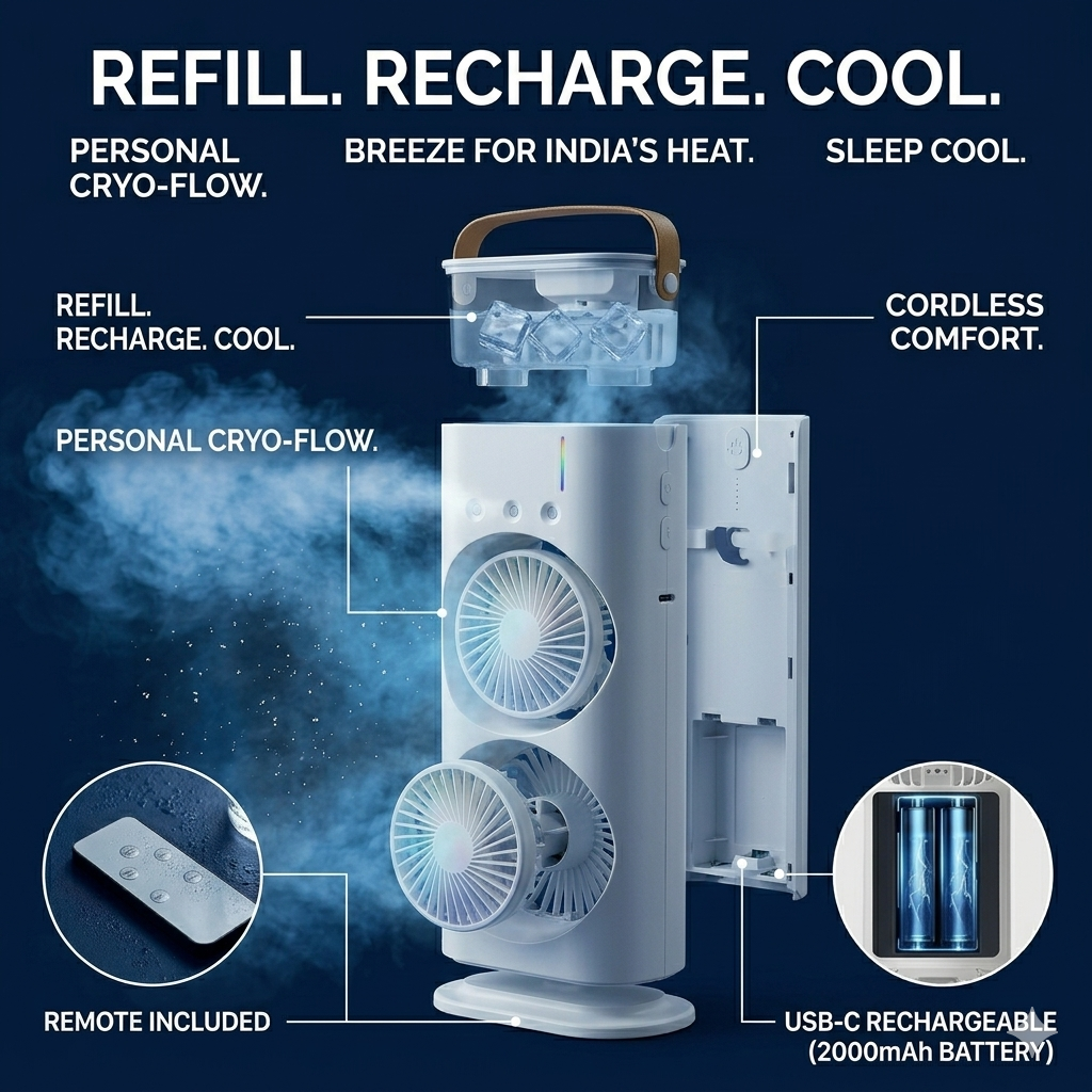 Mezzo Mini Air Cooler with Mist & LED ❄️💡 | Portable Cooling Fan