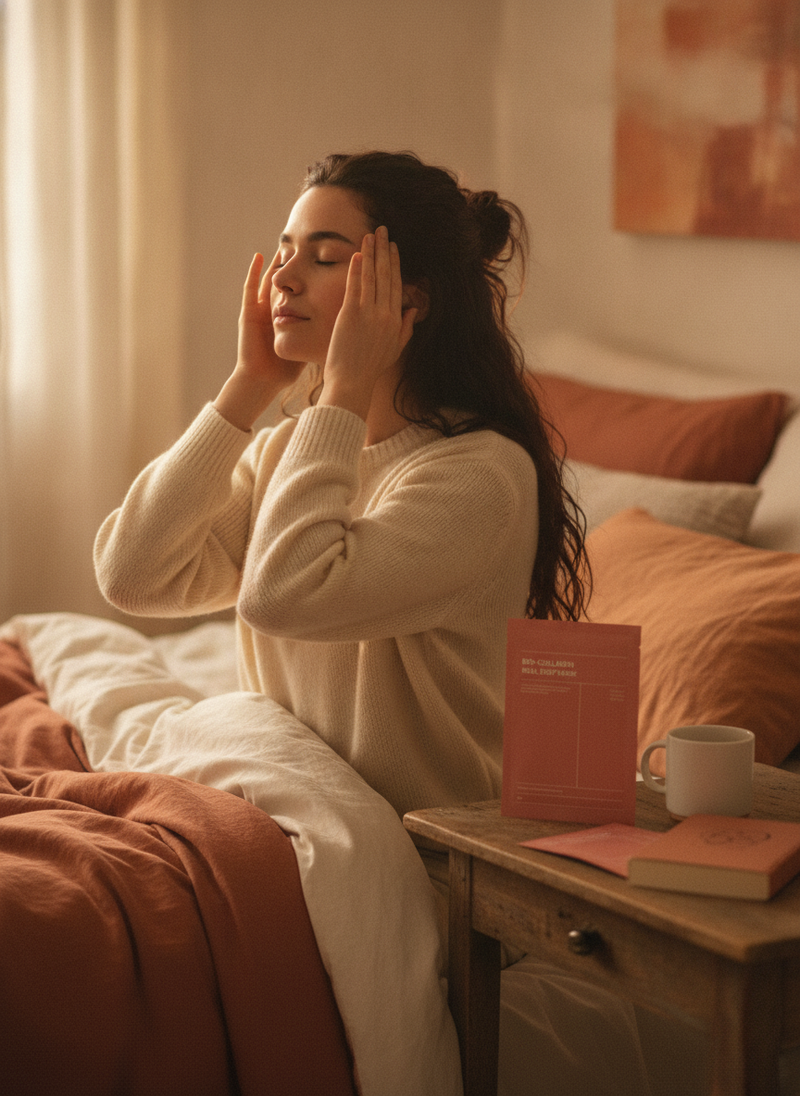 Person with dark, wavy hair massaging temples in a softly lit bedroom, with Bio Collagen Real Deep Mask visible on a bedside 