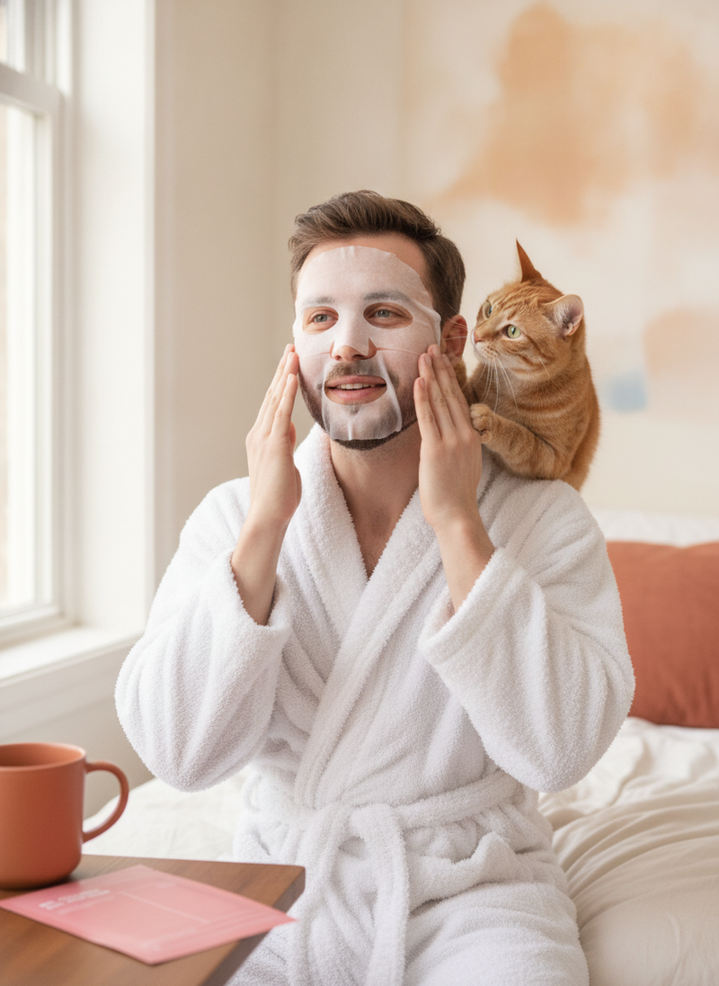 A man in a cozy robe applying a Bio Collagen Real Deep Mask to his face, with a cat playfully nearby. Soft natural light.