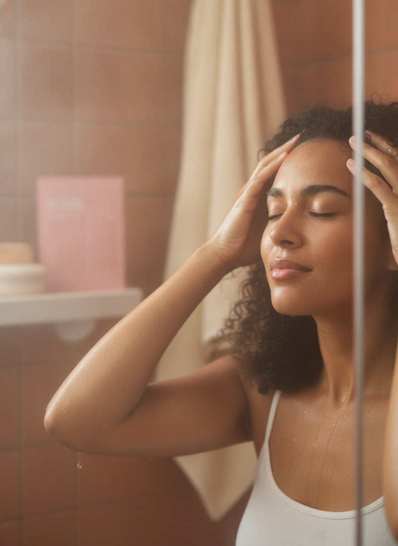 A woman with a relaxed expression massages her scalp in a steamy shower, with Bio Collagen Real Deep Mask packaging visible i